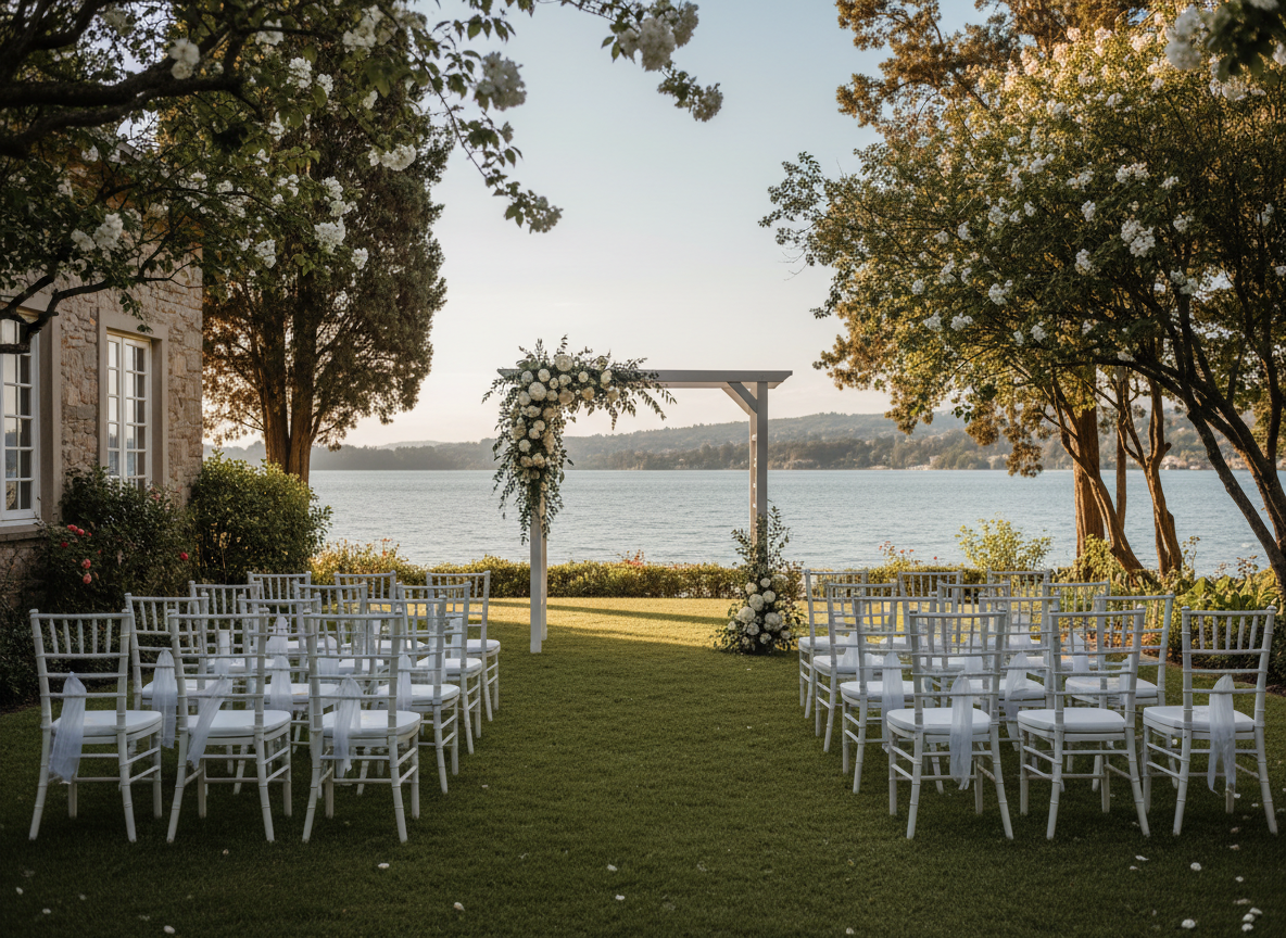 A serene ceremony area at Mansión del Lago, situated in the garden near the water, in photographic realism. A simple yet elegant white ceremonial arch stands on a flat, manicured lawn, adorned with asymmetrical arrangements of white flowers and soft greenery. Neatly aligned rows of white chairs with understated ribbon accents form a central aisle leading to the arch, which frames a scenic view of the lake in the distance. Soft, late-afternoon natural light filters through surrounding trees, casting delicate dappled shadows on the grass. Shot from the back of the aisle at eye level, the composition uses leading lines to draw the viewer forward, creating a tranquil, romantic atmosphere that highlights the venue’s outdoor spaces for weddings and intimate events, with no people visible anywhere in the scene.