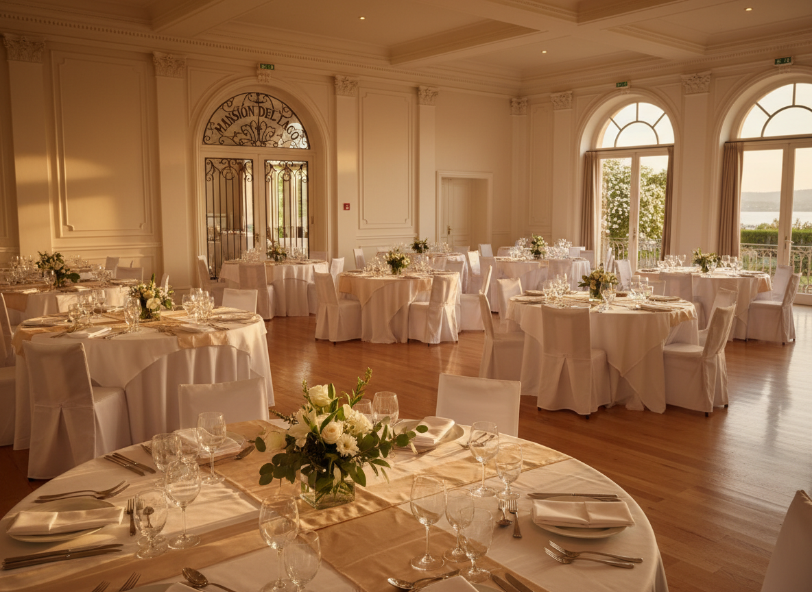 A grand, elegant event hall named “Mansión del Lago” rendered in photographic realism, featuring a spacious interior salon with polished light oak floors and tall, cream-colored walls framed by classic moldings. Round banquet tables are dressed in pristine white linen with champagne-colored runners, crystal glassware, and minimalist floral centerpieces in soft whites and greens. Floor-to-ceiling windows reveal a hint of lush garden and a distant shimmering lake. Warm, diffused golden-hour light pours in, complemented by discreet recessed ceiling lights that create gentle reflections on the glassware. Shot from an eye-level, wide-angle perspective that captures the entire room in sharp focus, the mood is sophisticated, serene, and ready for celebrations, with a clean and modern yet timeless aesthetic.