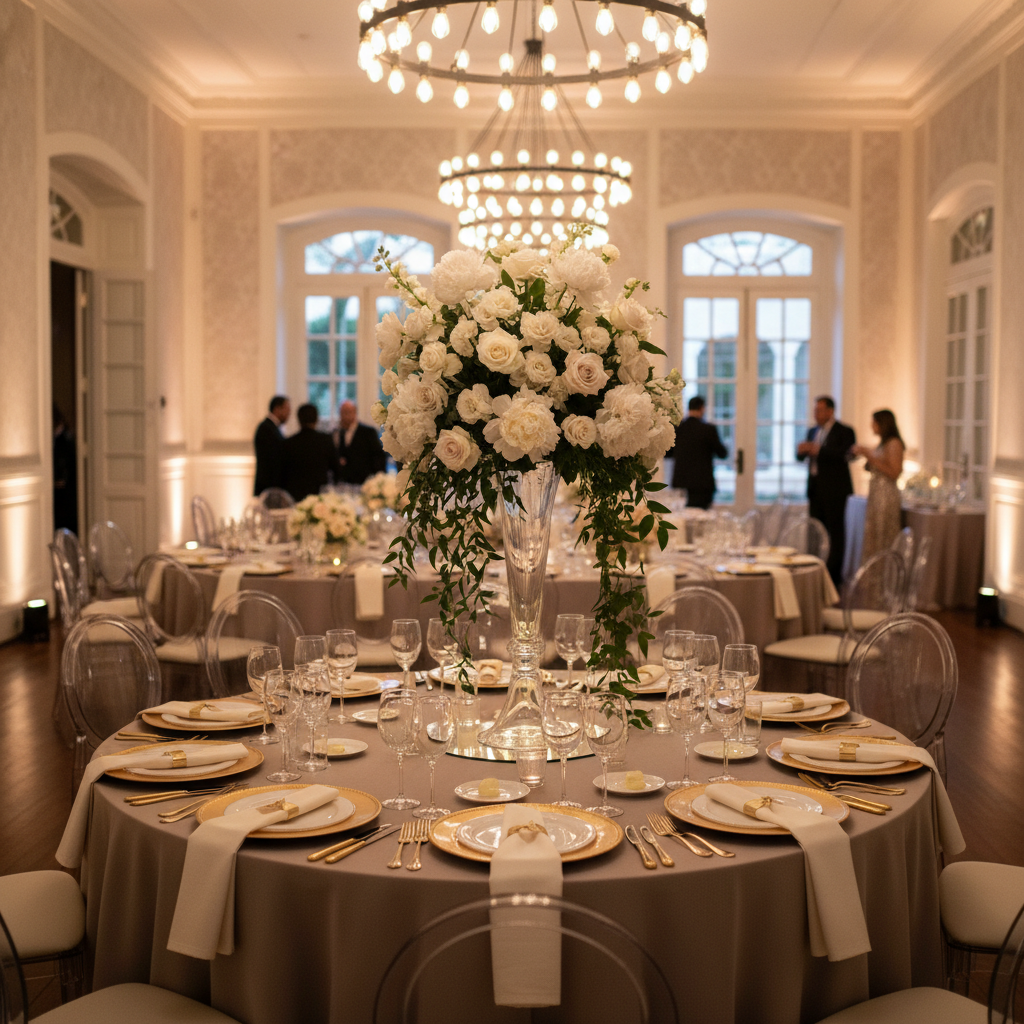 A luxurious wedding reception setup inside Mansión del Lago’s main salón, photographed in a highly realistic style. The focus is a central round table with a high, sculptural floral arrangement in white and pale blush tones, arranged in a tall clear glass vase with cascading greenery. Surrounding tables are dressed in soft taupe linens, accented with gold-rimmed plates, crystal stemware, and neatly folded napkins. The ceiling features an elegant, modern chandelier with multiple warm white bulbs, casting a soft, flattering glow over the space. Subtle uplighting washes the walls in a gentle ivory tone. Captured at eye level with a shallow depth of field that keeps the main table crisp and the background softly blurred, the composition feels intimate, refined, and impeccably styled for high-end weddings and celebrations.