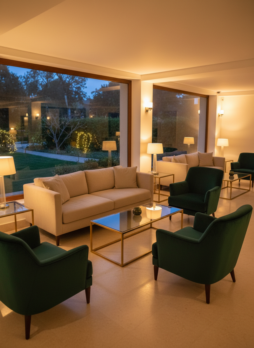 An elegant lounge and cocktail area inside Mansión del Lago, depicted in photographic realism, designed for pre-event gatherings. Plush, low-profile sofas in soft beige fabric and a few velvet armchairs in deep emerald are arranged around sleek, brushed-gold coffee tables with glass tops. Discreet floor lamps and wall sconces emit warm, ambient lighting that reflects off subtle metallic accents. A large window reveals a glimpse of the illuminated garden outside at twilight. The polished stone floor has a gentle sheen, mirroring select highlights. Captured from a corner at a slightly elevated angle, the composition shows cozy seating clusters while maintaining an open, airy feel. The overall mood is sophisticated, intimate, and inviting, visually communicating a premium space for welcome drinks, networking, or relaxed conversation before the main celebration.