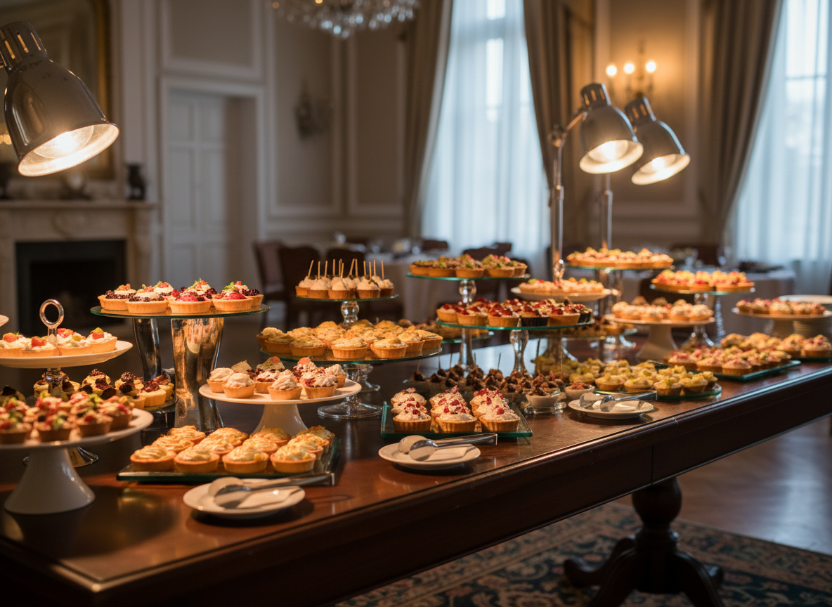 A meticulously styled catering and dessert display for an event at Mansión del Lago, rendered in photographic realism. On a long, dark wooden buffet table, an array of gourmet finger foods, mini tartlets, and delicate desserts are arranged on varying heights of glass and white porcelain stands, creating visual layers. Silver serving utensils glint under warm, focused overhead spotlights. In the background, out of focus, a refined interior with neutral-toned walls and soft drapery suggests the main salon. The lighting creates subtle highlights on glazes and frostings, emphasizing freshness and craftsmanship. Shot from a slightly elevated, three-quarter angle with a moderate depth of field, the composition feels abundant yet orderly, conveying a sense of premium catering service and attention to detail suitable for sophisticated weddings, corporate events, and special celebrations.