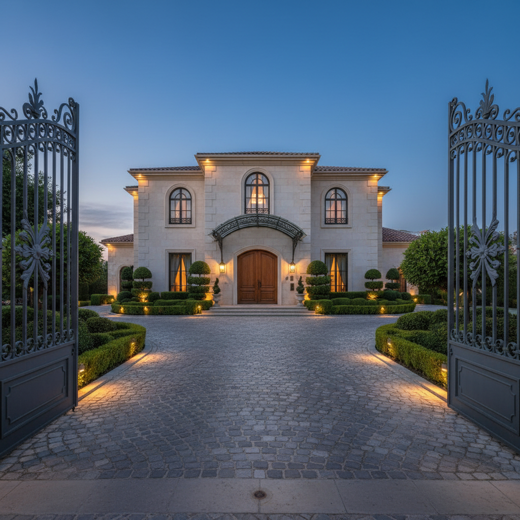 An inviting view of the entrance and driveway of Mansión del Lago, shown in photographic realism, highlighting the property’s sophisticated access. A smooth, stone-paved driveway curves gently toward a stately, light-colored façade with large arched windows and an understated, elegant entrance canopy. Neatly trimmed hedges and topiary line the path, punctuated by low, warm pathway lights that begin to glow at dusk. Decorative wrought-iron gates stand open in the foreground, hinting at exclusivity and privacy. The scene is lit by soft evening light with the sky in deep blue hour tones, while subtle exterior lighting highlights architectural details. Shot from a low, slightly off-center angle, the composition draws the viewer’s eye into the estate, creating a welcoming yet sophisticated first impression of the event venue.
