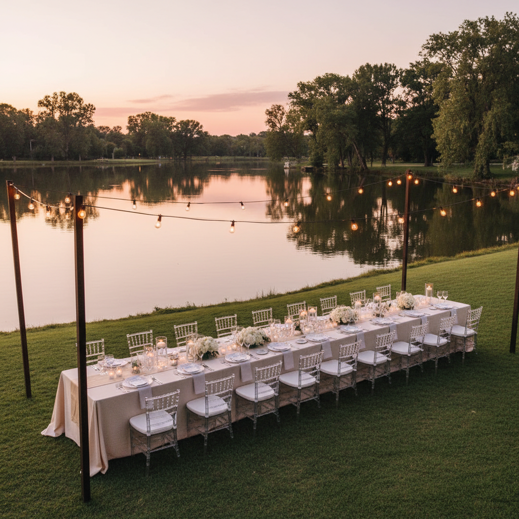 An outdoor lakeside celebration space at Mansión del Lago, captured in photographic realism, showing a manicured green lawn gently sloping toward a calm, reflective lake bordered by mature trees. A long, elegantly set banquet table with ivory linens, translucent Chiavari-style chairs, and delicate candle holders stretches parallel to the water’s edge. Soft string lights are suspended overhead between discreet dark wooden poles, beginning to glow as the sun sets, casting a golden hue across the scene. The sky is painted in subtle pinks and oranges, mirrored on the lake’s surface. Shot from a slightly elevated angle using the rule of thirds, the image emphasizes the harmony between nature and refined celebration, evoking an atmosphere of intimacy, romance, and exclusivity without any human presence.